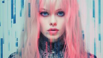 en kvinna med rosa hår och blå ögon generativ ai foto