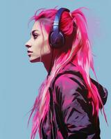 en kvinna med rosa hår och hörlurar generativ ai foto
