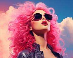 en kvinna med rosa hår och solglasögon i de himmel generativ ai foto