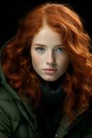 en kvinna med röd hår och en grön jacka generativ ai foto