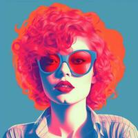 en kvinna med röd hår och blå solglasögon generativ ai foto