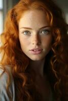 en kvinna med röd hår och fräknar generativ ai foto