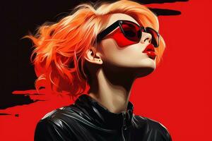 en kvinna med röd hår och solglasögon på en röd bakgrund generativ ai foto