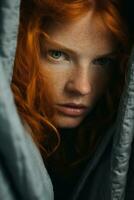 en kvinna med röd hår är dölja under en filt generativ ai foto