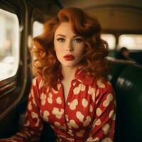 en kvinna med röd hår Sammanträde på en buss generativ ai foto