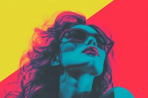 en kvinna med solglasögon på en färgrik bakgrund generativ ai foto
