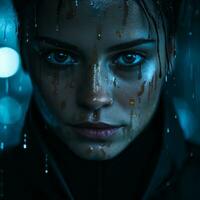 en kvinna med våt hår och blå ögon i de regn generativ ai foto