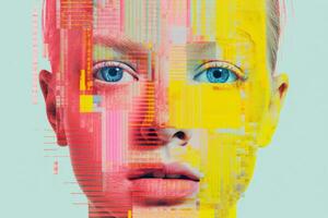 en kvinnors ansikte är tillverkad upp av färgrik pixlar generativ ai foto