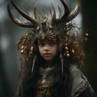 en ung flicka i en kostym med horn på henne huvud generativ ai foto