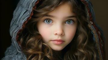 en ung flicka med stor ögon bär en luvtröja generativ ai foto