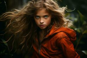 en ung flicka med blå ögon i ett orange jacka generativ ai foto