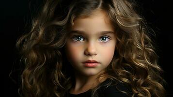 en ung flicka med lockigt hår och blå ögon generativ ai foto