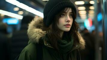 en ung kvinna i en grön jacka och hatt på en tåg generativ ai foto