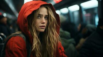 en ung kvinna i en röd luvtröja på en tunnelbana generativ ai foto