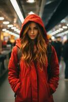 en ung kvinna i en röd täcka stående i ett flygplats generativ ai foto