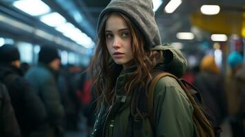 en ung kvinna bär en mössa och jacka på en tunnelbana plattform generativ ai foto