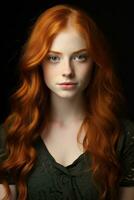 en ung kvinna med lång röd hår och blå ögon generativ ai foto