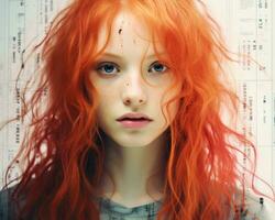 en ung kvinna med röd hår och blå ögon generativ ai foto
