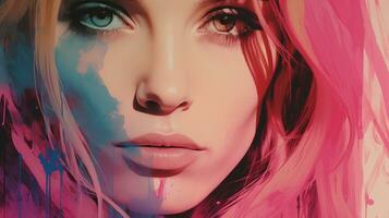 ett konstnärlig porträtt av en kvinna med rosa och blå måla på henne ansikte generativ ai foto