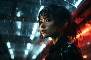 ett asiatisk kvinna stående i de regn med neon lampor generativ ai foto
