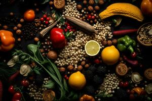 ett sortiment av grönsaker och frukt på en svart bakgrund generativ ai foto