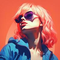 ett illustration av en kvinna bär solglasögon och en blå jacka generativ ai foto