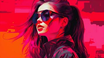 ett illustration av en kvinna bär solglasögon och en svart jacka generativ ai foto