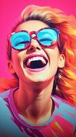 ett illustration av en kvinna bär solglasögon och skrattande generativ ai foto