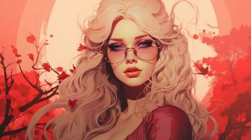 ett illustration av en kvinna med glasögon och lång blond hår generativ ai foto