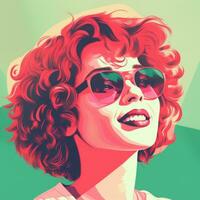 ett illustration av en kvinna med röd hår och solglasögon generativ ai foto