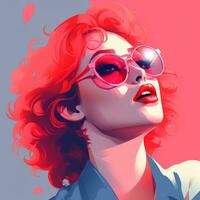 ett illustration av en kvinna med röd hår och solglasögon generativ ai foto
