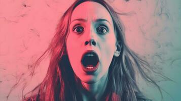 ett bild av en kvinna med henne mun öppen i främre av en röd och blå bakgrund generativ ai foto
