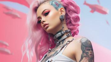 ett bild av en kvinna med rosa hår och tatueringar generativ ai foto