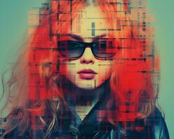 ett bild av en kvinna med röd hår och solglasögon generativ ai foto
