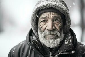 ett gammal man med en skägg och hatt i de snö generativ ai foto