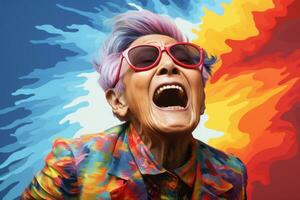ett äldre kvinna med färgrik hår och solglasögon generativ ai foto