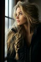 skön blond kvinna med lång hår ser ut de fönster generativ ai foto