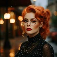 skön röd håriga kvinna med glasögon och röd hår Framställ i de regn generativ ai foto