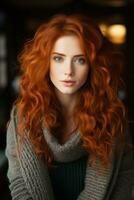 skön röd håriga kvinna med lång lockigt hår generativ ai foto