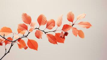 gren med röd löv mot en ljus bakgrund generativ ai foto