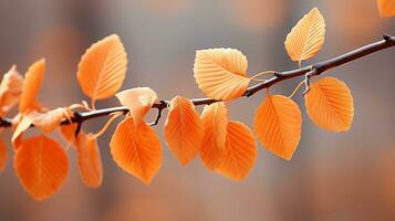 orange löv på en gren med suddig bakgrund generativ ai foto