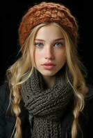 porträtt av en skön blond flicka bär en stickat hatt och scarf på en svart bakgrund generativ ai foto