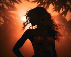 silhuett av en skön kvinna stående i främre av de Sol generativ ai foto
