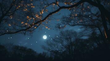 de måne är lysande genom de träd på natt generativ ai foto