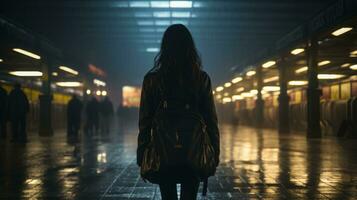 de silhuett av en kvinna gående genom en tunnelbana station på natt generativ ai foto