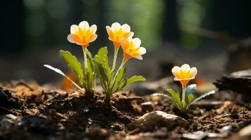 tre små orange blommor växande ut av de jord generativ ai foto