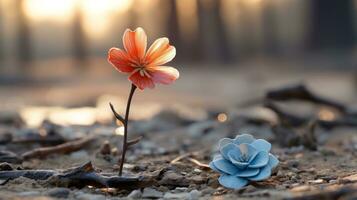 två blommor är växande ut av de jord i en fält generativ ai foto