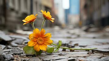 två orange blommor sitta på de jord i en stad gata generativ ai foto