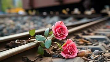 två rosa ro sitta på de järnväg av en tåg Spår generativ ai foto