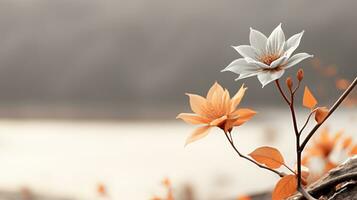 två vit och orange blommor sitta på en sten nära en kropp av vatten generativ ai foto